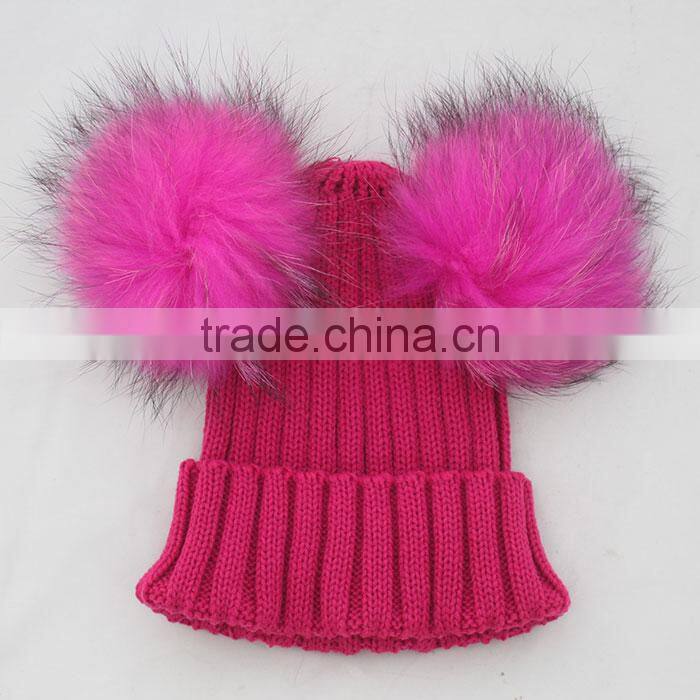 Myfur Genuine White Color Children Knitting Hat with Double Raccoon Fur Balls