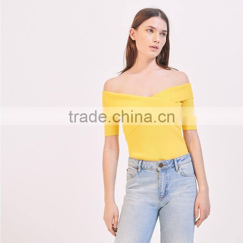 Elasticated knit crossover shape V-neck short sleeves strapless tank