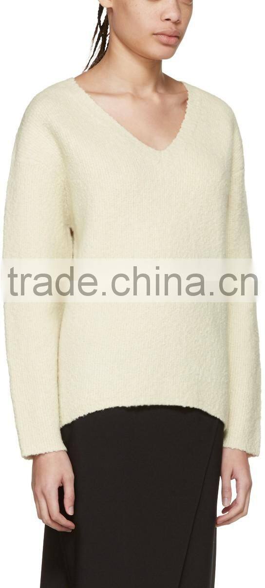 Custom Made Long Sleeve Wool Blend Boucle Pullover Sweater in Off White for Women