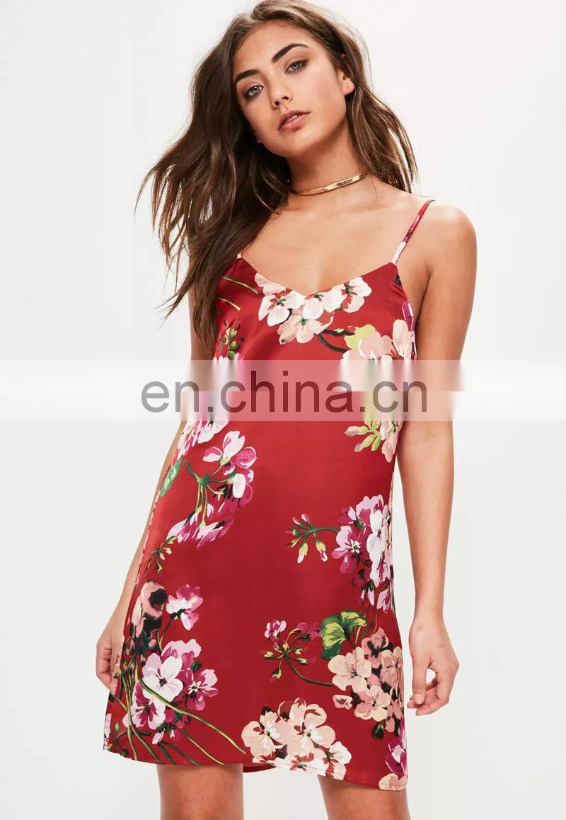 Mature Women Sexy Red Based Floral Print Mini Dress with Thin Straps