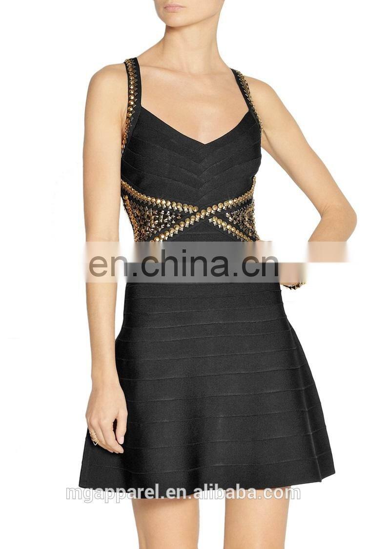 wholesale fashion women sexy bandage dress with flared skirt black stretch embellished cheap rayon bandage dress