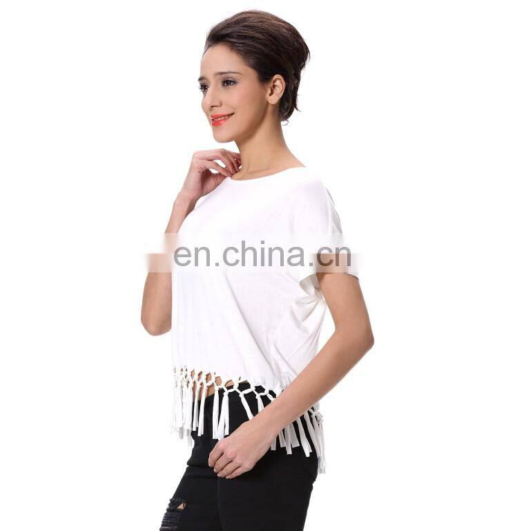 Tassel Design Short Sleeve Women Fashion Garment White Tops