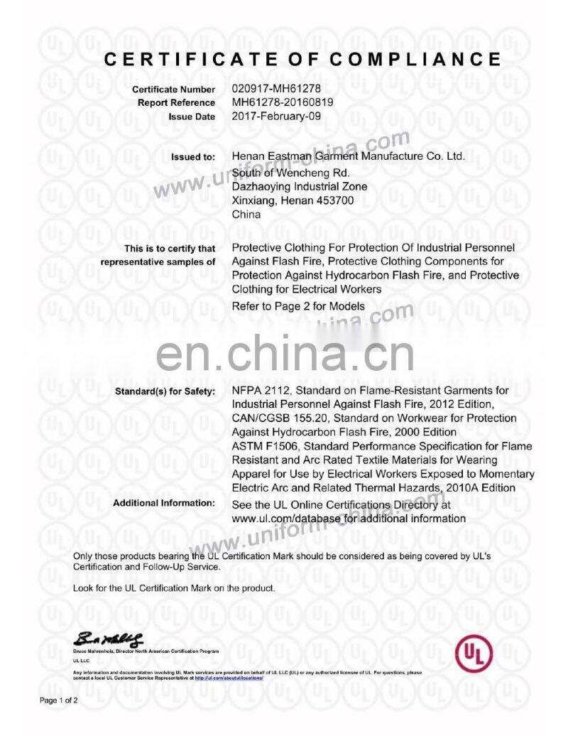 UL Certificate Arc and Flash Fire Resistant Coverall