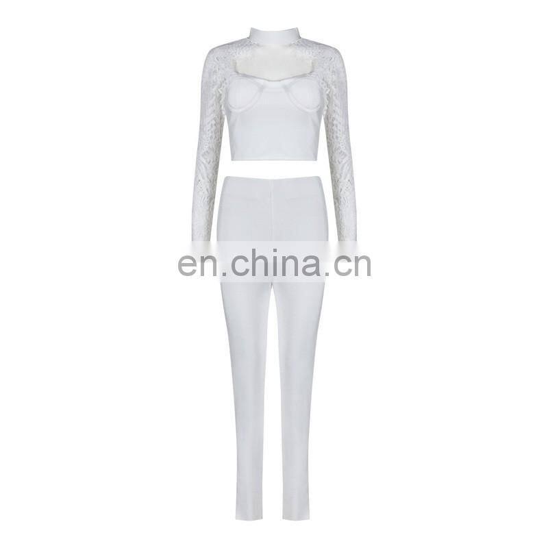 Amigo 2017 new design two piece sexy party wear bandage pants suit with long sleeve lace dew chest crop top and bodycon trouser