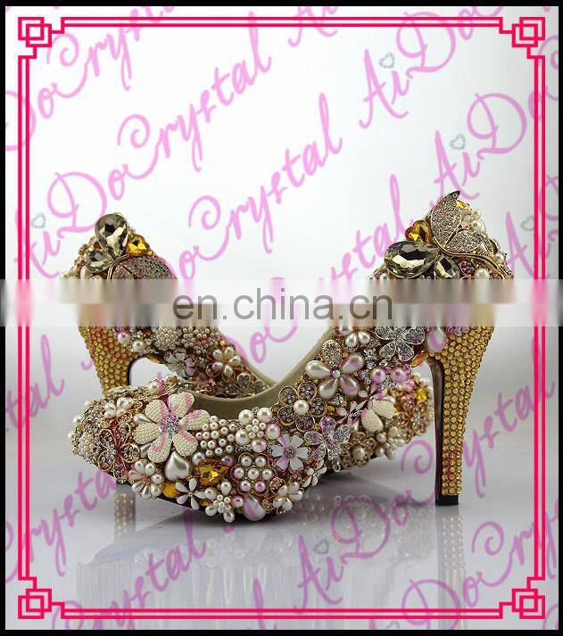Aidocrystal 2016 Golden ladies Crystal Bling Fabulous Clear Shining jewel High Heels peep toe Wedding shoes