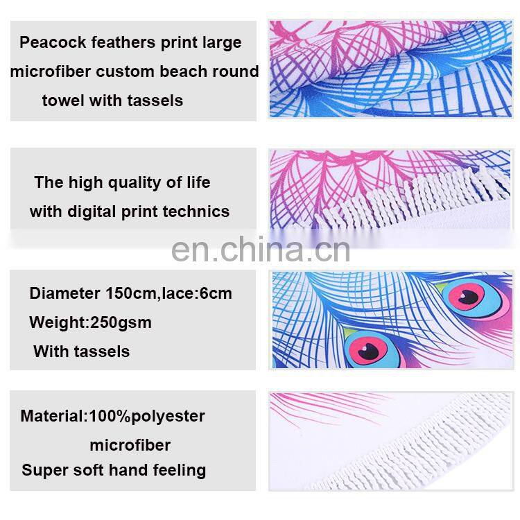 China manufacturer recyclable peacock feathers printed large microfiber towels custom round beach towel with tassels