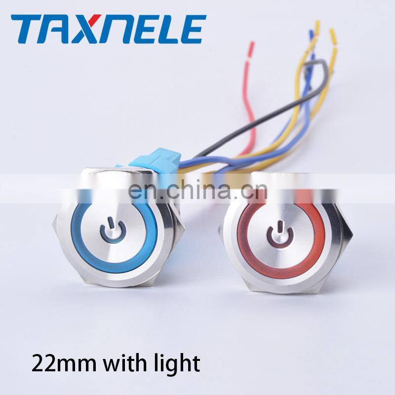 22mm 12v 24v Waterproof Metal Push Button Electrical Switch Latching Momentary Annular Power Symbol with LampLed Indicator
