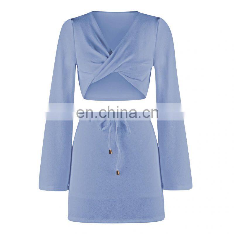 2021 Cross-border New Product Pure Color Women's Fashion Twisted Long Sleeve V-neck Sexy Top Drawstring Short Skirt Autumn Set
