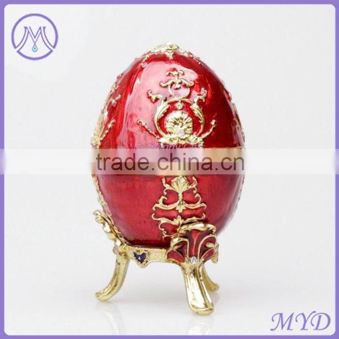 Fashion jewelry metal red enameled Faberge style russian egg trinket box