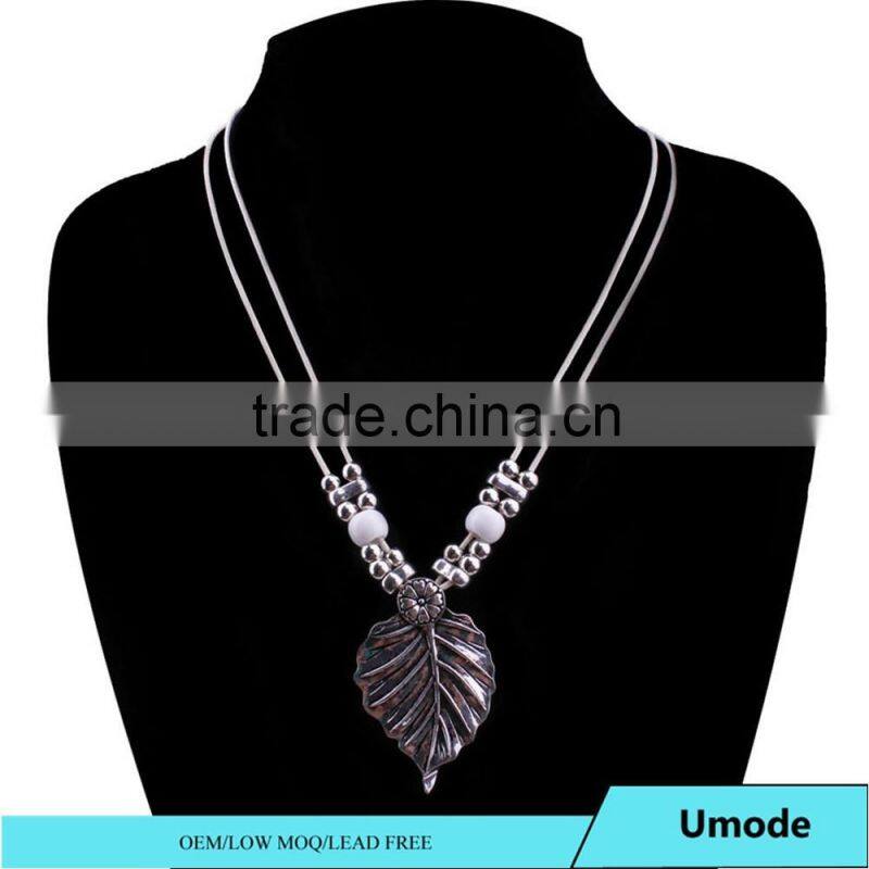 Vintage Ethnic Bohemian Leaf Charm Pendant Rope Chain Silver Necklace