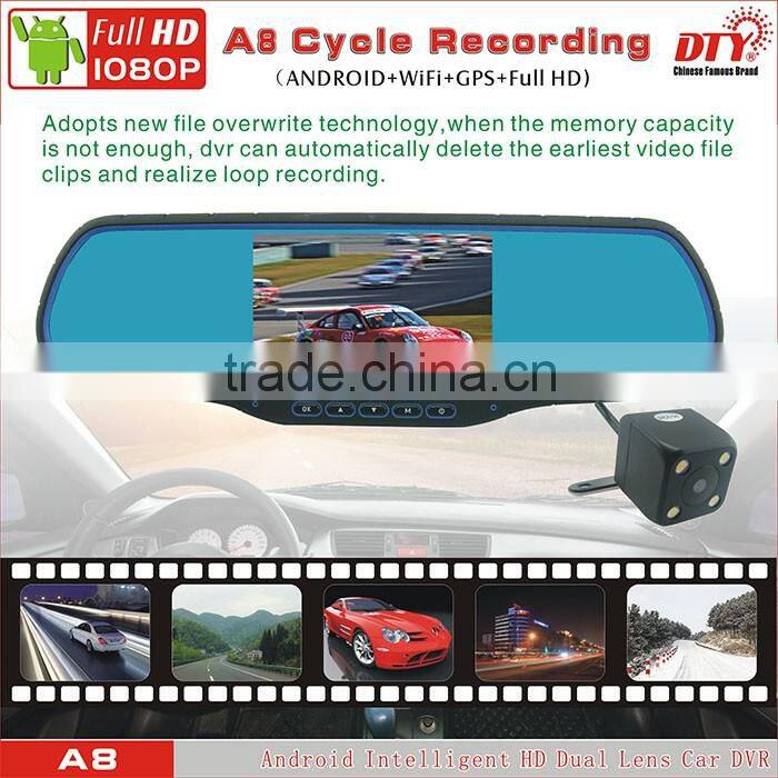 DTY Android car wireless rearview mirror with reversing camera, rear view mirror camera car dvr , A8