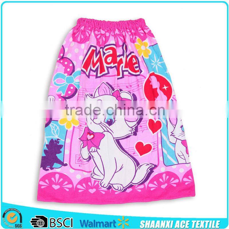 2015 Hot sell 100% cotton terry velour lovely cat printed bath towel skirt for girls