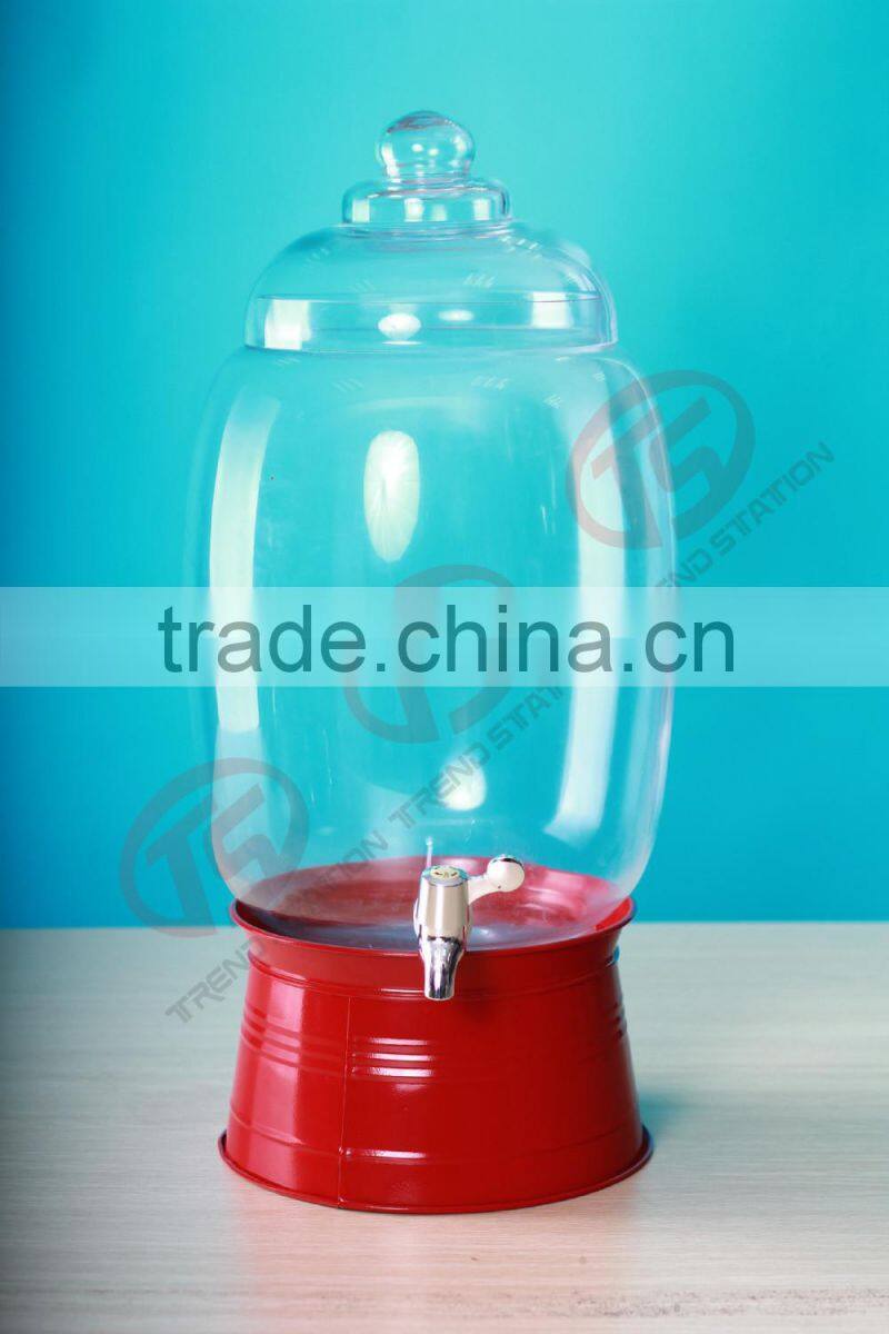 Glass big beverage dispenser with tap and red metal base