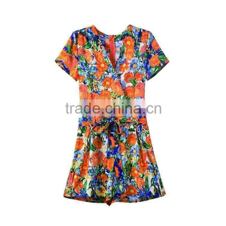 L044 Romper Women Playsuit 2016 Hot Sexy Floral Printed Sleeve Playsuit Wholesale