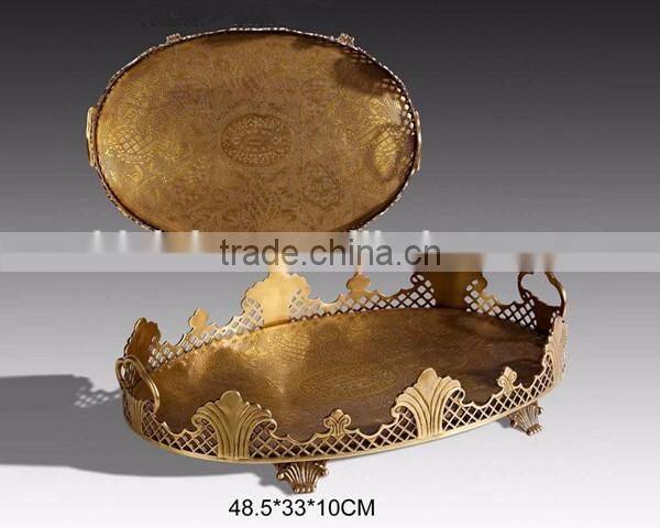 Retro Mirror Design Brass Hexagon Tray, Hand Engraved Bronze Serving Tea Tray With Handle, Luxury Home Decorative Tableware