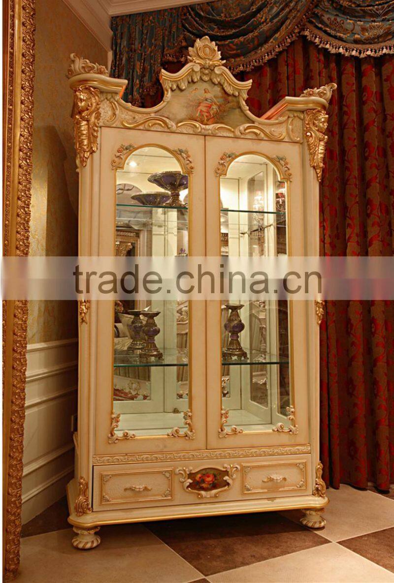Luxury French Rococo Style White Four Door Glass Display Cabinet/ Gorgeous Home Decorative Cupboard Showcase/ Classic Sideboard