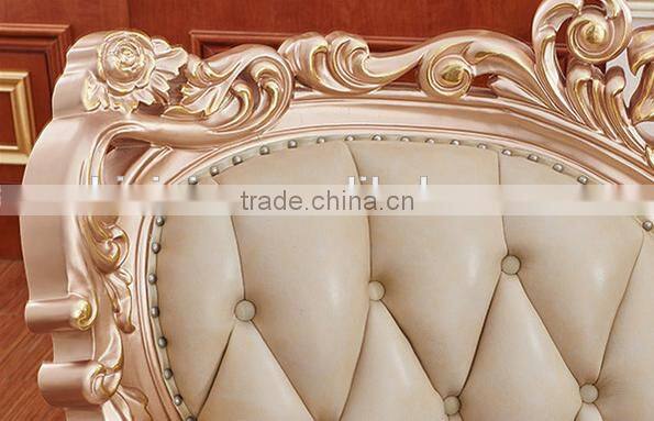 Champagne gold flower carving genuine leather sofa set