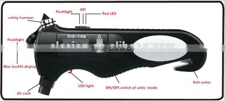 Multifunction Emergency Tool Digital Tire Pressure Gauge with Safety Hammer