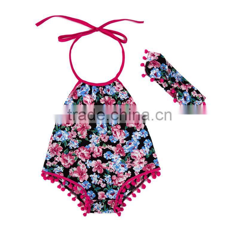 Wholesale baby pompom bodysuit,cute girl baby pompom romper baby suit