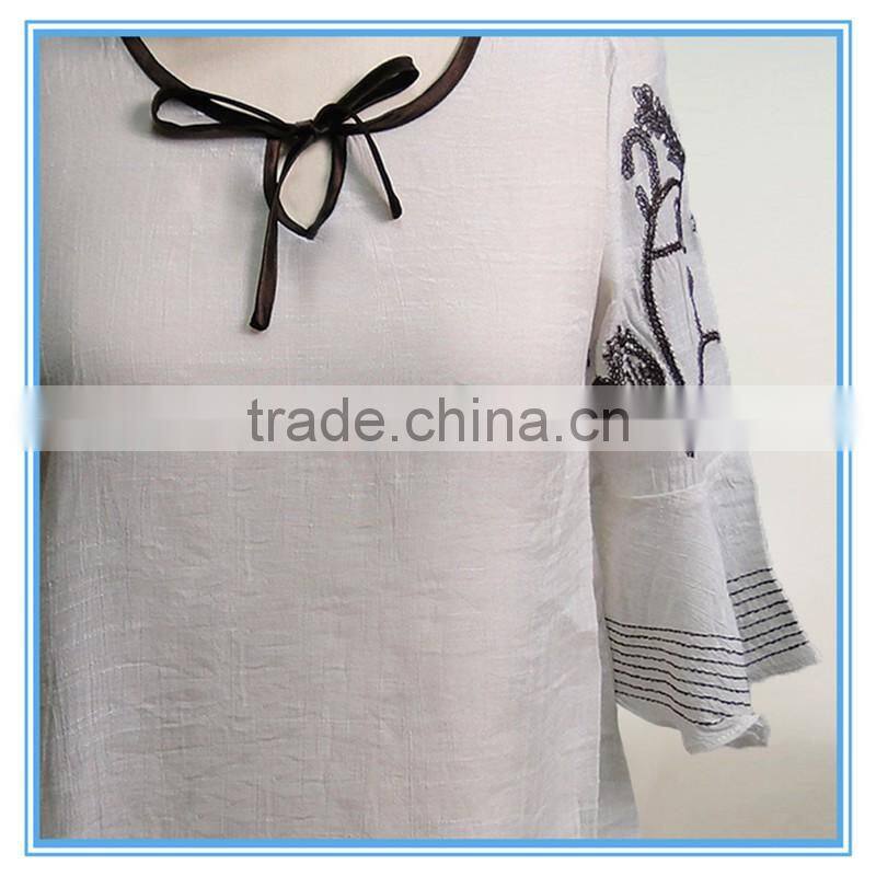 Woman Flared Sleeve Embroidery Tie Neck Cotton Fabric Casual Blouse Designs
