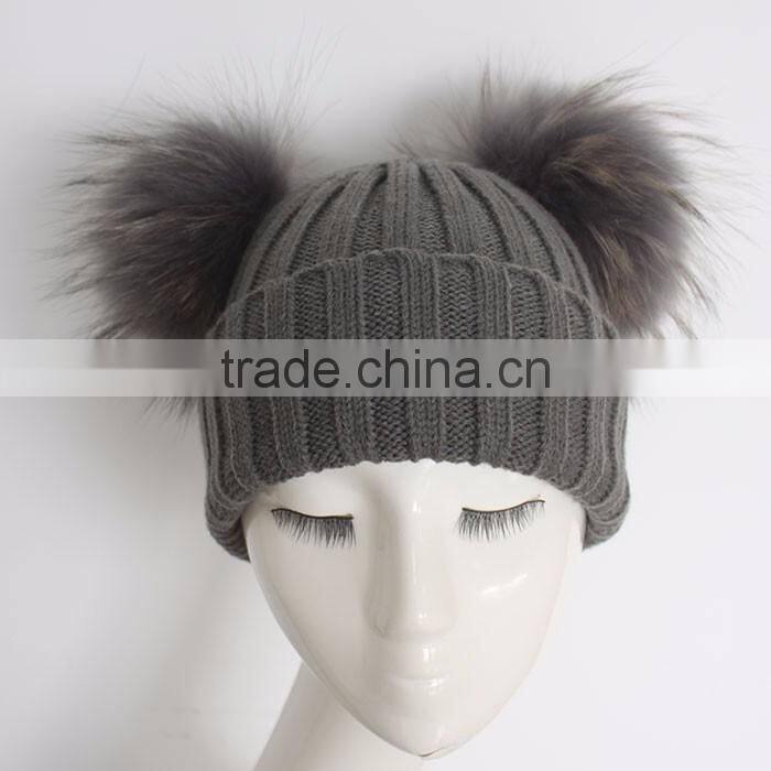 Myfur Dark Grey Wool Knitting Hat with Detachable Raccoon Fur Pom Poms