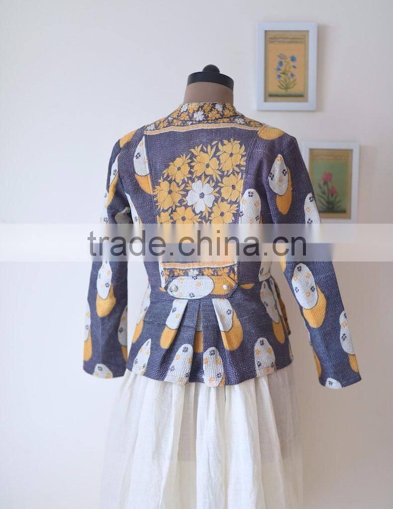 Denim Jacket in Kediyu Style with Vintage Kantha Fabric ~ Medium