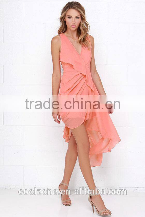 Elegant High-low designer one piece party dress woman pleated coral party dresses