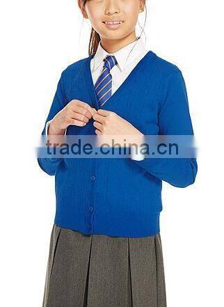 Latest! High Quality Bright Blue Button Through V-Neck Girls Long Sweater with Ribbed Trim
