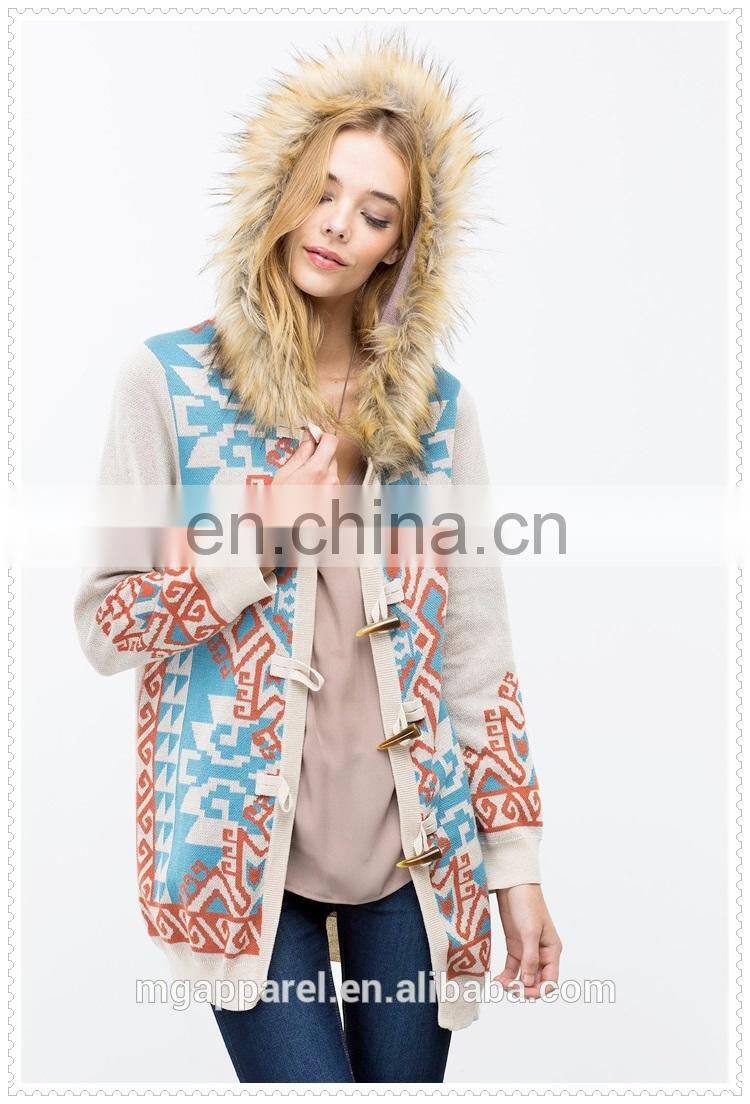 Glamour women clothes geo printed fur trim sweater cardigan with fur trimmed hoodie