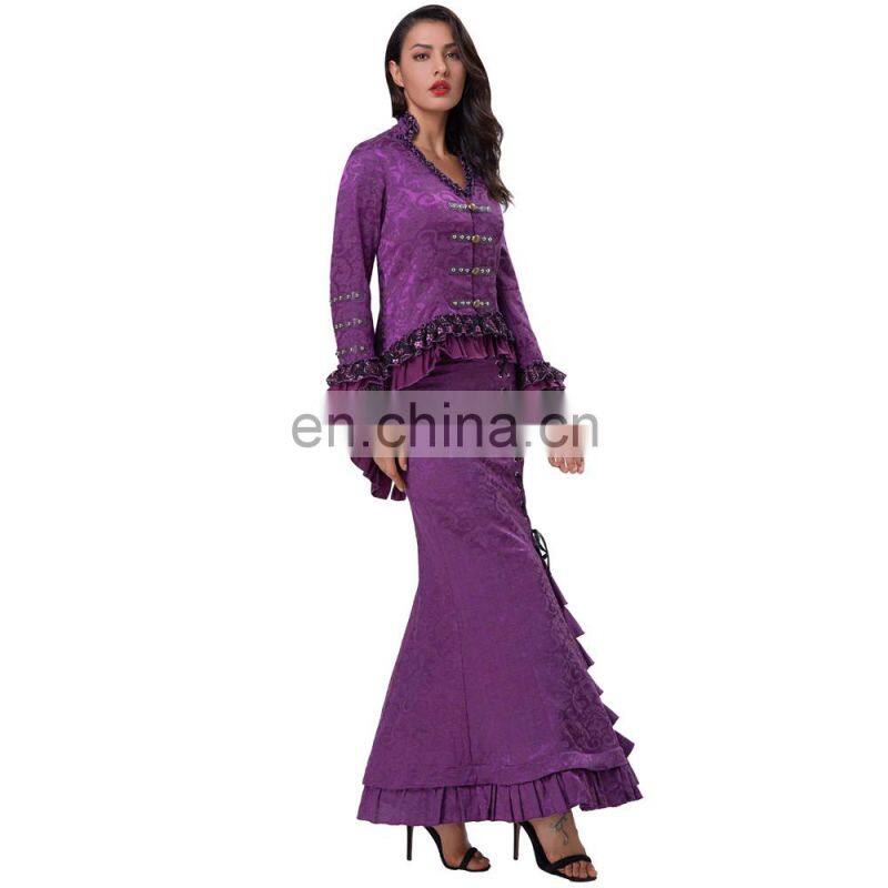 Belle Poque Women's Gothic Victorian Corset Style Lace Embellished V-Neck Jacquard Purple Coat Retro Vintage Tops BP000223-3