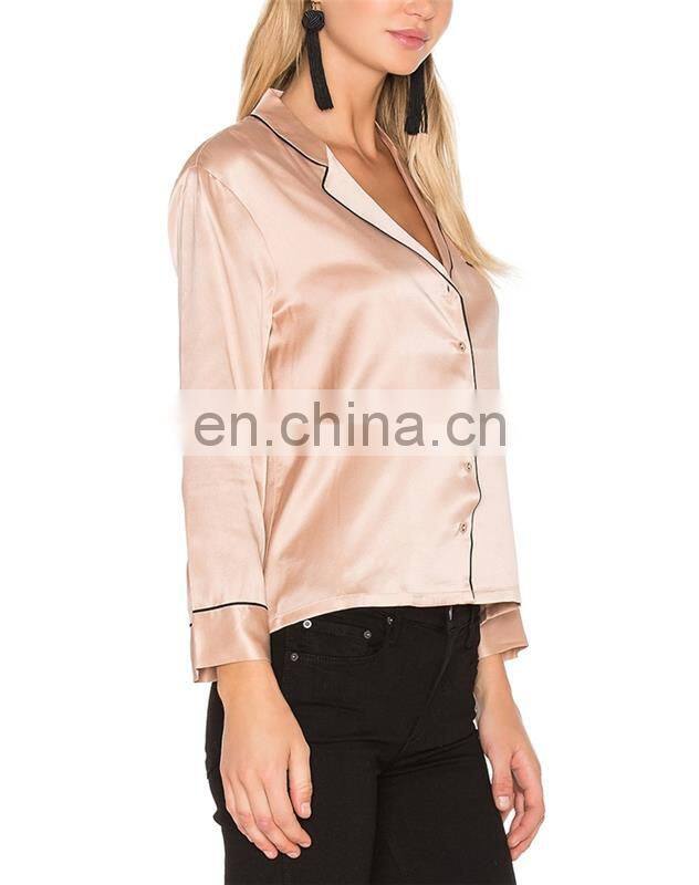 Pink Silk Satin Blouse For Women Smart Casual Wear Pajamas Style Long Sleeve T-Shirt