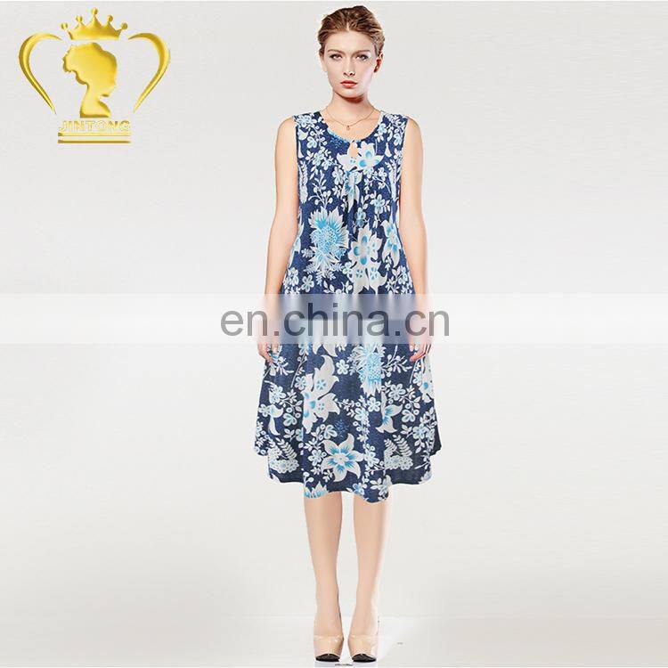 Wholesale girl fashion beautiful flower printed sleeveless lady summer dresses for mid aged women