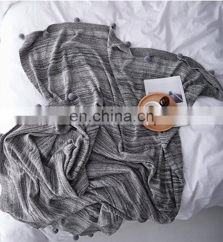 RAWHOUSE new design gray 100% cotton throw knitted pom pom blanket in stock