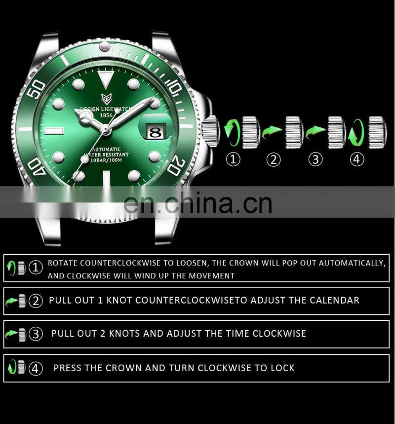 LIGE 6801 Luxury Automatic Watches Men Stainless Steel Waterproof Dive Watches Business Mechanical Watch