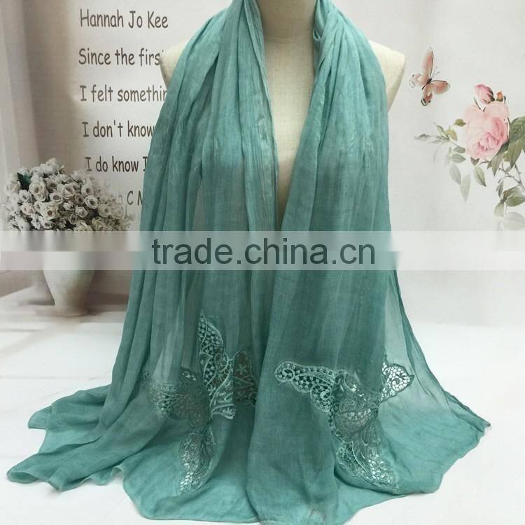 2016 Latest Charm Beautiful Hollow Out Butterfly Embroidery Plain Cotton Linen Scarf