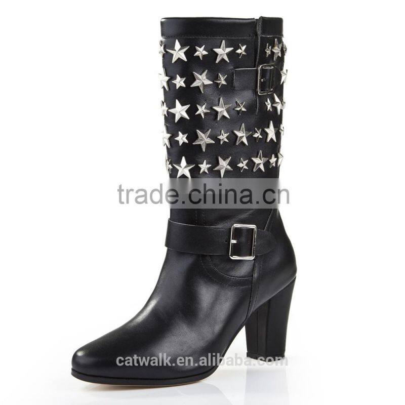 Chunky heel high ankle boots five star embelished front buckle rubber boots wholesale women shoes boots