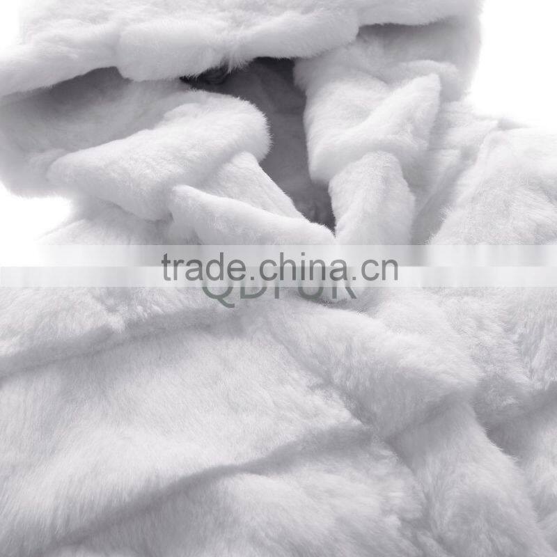 Lady Winter Long Genuine Natural Rabbit Fur Coat with Hoodied D0019