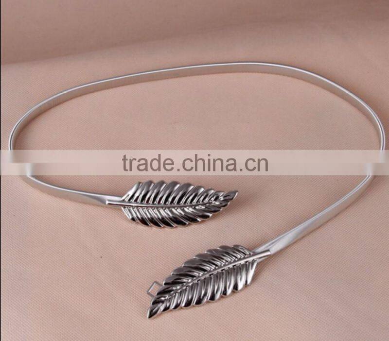 European metal leaf dress belt female thin elastic stretch belt