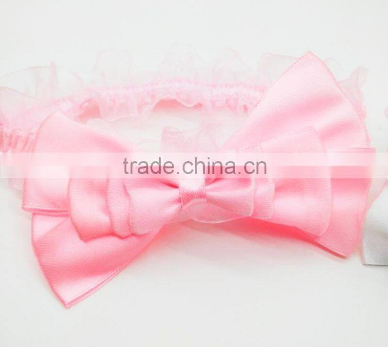 Satin layered bow lace headband for baby,cheap handmade soft headbands