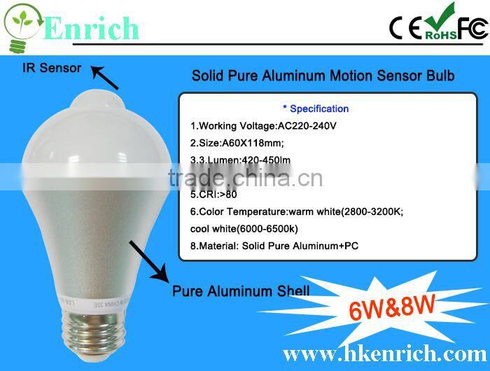 Pure aluminum IR Sensor led bulb 8W