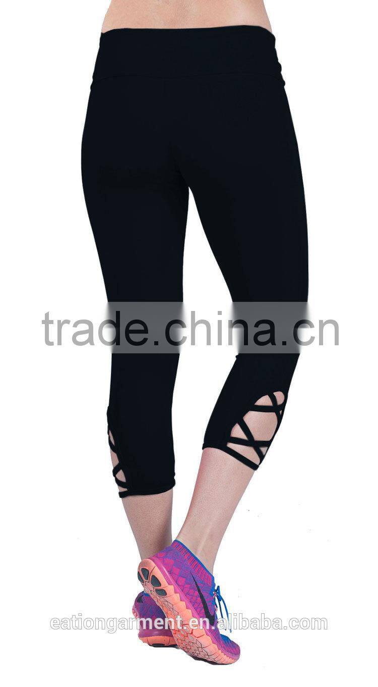 Slimming style scrunchy waist crossing straps on the bottom of each leg 4 way stretching bodybuilding fitness yogo leggings