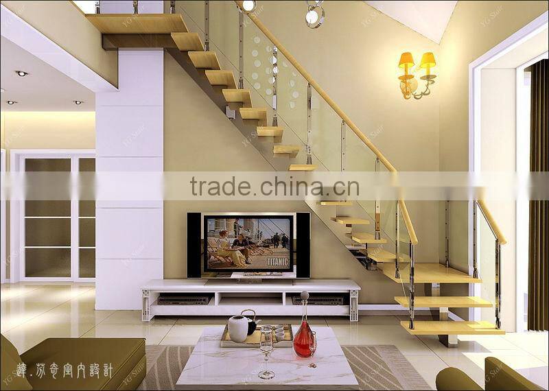 Indoor wood step straight staircase with glass railing