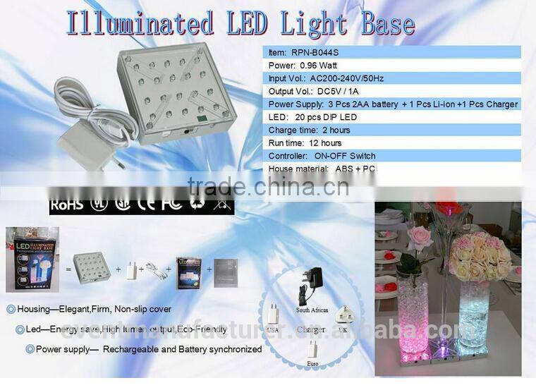 New square RGB led base light glass vases wedding centerpiece