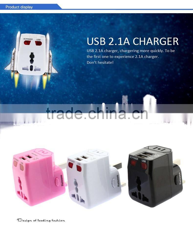 Universal travel adapter with USB charger 2100mA CE,ROHS,FCC compliant guangzhou factory