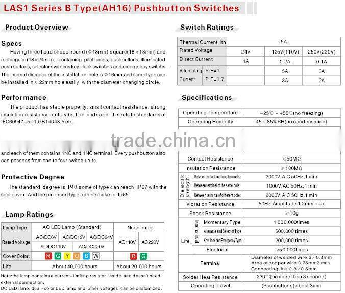 ONPOW waterproof electrical push button switch(LAS1-B Series,Dia.22mm,UL,CE,ROHS,REECH,IP40,IP65)