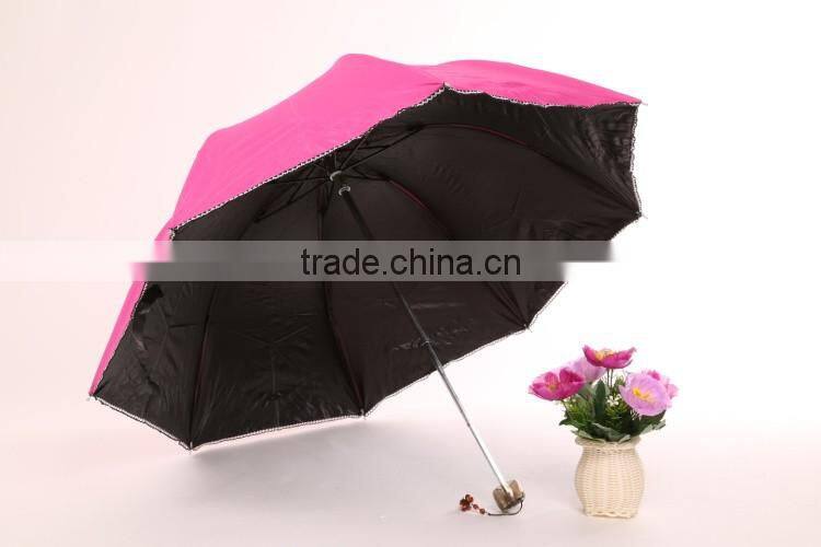 sun umbrella black coated with UV protect 3 folding umbrella made by chinese umbrella manufacturer