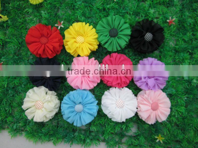 Hot Sell Children Hair Accessories 2.4"Solid Chiffon Flower with Polka Dot Button for Kids Hair Accessories IN STOCK