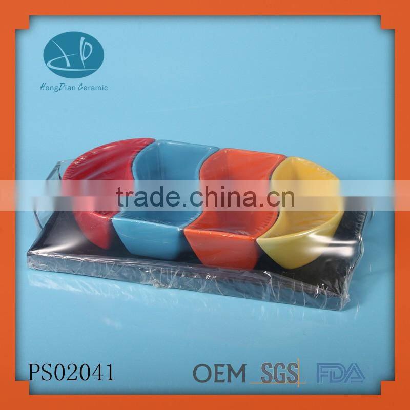 new style high quality ceramic rectangular divided plate,Taste Serving Set with 4 Bowls on a Bamboo Tray