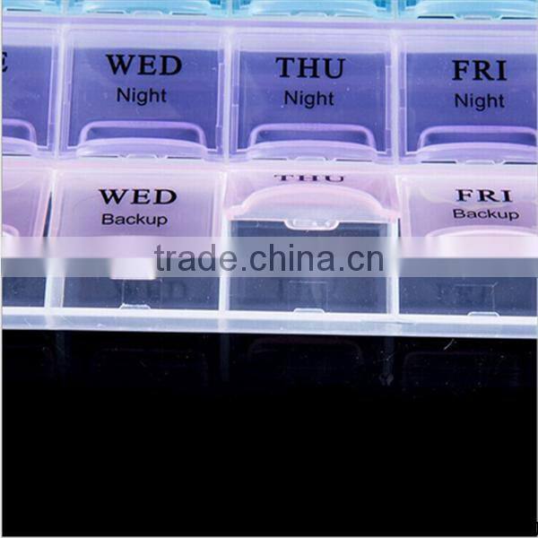 whole sale monthly pill box plastic/custom 28 compartment divided pill box wirh english words Shenzhen manufacturer