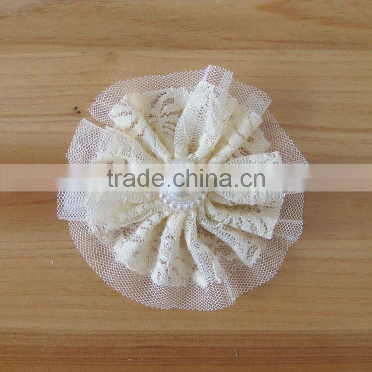 lace flower with pearl bead in center for kids hair accessories